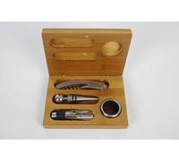 BIRAMBEAU, Cofanetto regalo di vino in bambù con cavatappi, tappo conico, versatore e stop gocce.
