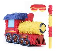Birchio Pignatta 3D a forma di treno con benda e pipistrello (42 x 28 x 17 cm), pignatta a forma di treno per feste di compleanno per ragazzi, perfetta per feste di compleanno, feste a tema treno,