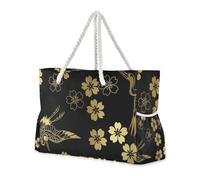 Bird Golden Japanese Flower - Borsa da viaggio resistente con tasche laterali, grande borsa per weekend con portabicchieri laterali
