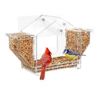 Bird Window Feeder, Clear Acrylic Parrot Feeding Station, Spacious Hanging Tray with Strong Suction Cups for Macaws Parakeets Sparrows Finch Outdoor Window Viewing, 13.39x8.07x4.09 inches