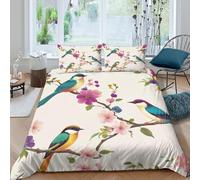 Birds on flowersSet Di Copripiumino microfibra morbida 3 pezzi motivo 3D con cerniera Artistic floral bird copripiumino incluso federe aiosa ultra morbido e traspirante for bambini King（220x240cm）