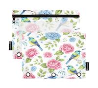 Birds Roses 2 Pack 3 Raccoglitore ad anelli Astuccio per la scuola dei bambini, sacchetto trasparente con cerniera per ragazzi e ragazze, 9,8 "× 7"