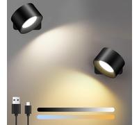 Birnetek Applique da Parete Interno 2pcs, USB-C Ricaricabile Lampada da Parete Con Batteria, Plafoniere da Parete Senza Forare, Ruotare 360°, Touch Control, con 3 Luminosità e 3 Colori (Nero)