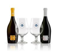 Birra Artigianale Collesi - Confezione Birra Artigianale con Bicchieri Balloon - 2 Bottiglie 0,75 L (Bionda Belgian Blonde Ale 6% + Blanche 5%) + 2 Bicchieri 400 ml