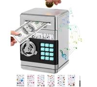 Birshe Salvadanaio elettronico per bambini, cassaforte, salvadanaio a forma di banca con numeri per bambini, salvadanaio, grande con simpatici adesivi, regalo di compleanno, argento