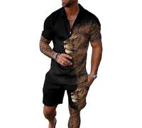 BIRW Completo da pista da uomo 2 pezzi Set corti estivi abiti moda polo casual manica corta e pantaloncini set, Nero Misto Oro Leone, Large
