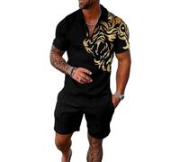BIRW Set corto da uomo, 2 pezzi, polo alla moda, estiva, casual, a maniche corte e pantaloncini, per uomo, Tigre Oro Nero, XXX-Large
