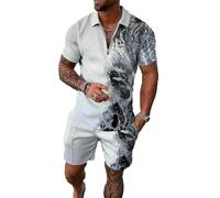 BIRW Set corto da uomo, 2 pezzi, polo alla moda, estiva, casual, a maniche corte e pantaloncini, per uomo, Onde bianche miste dell'oceano, X-Large
