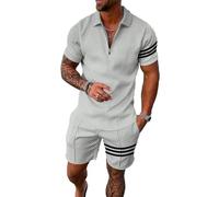 BIRW Set corto da uomo, 2 pezzi, polo alla moda, estiva, casual, a maniche corte e pantaloncini, per uomo, Grigio Bianco Con Tre Linee Nere, Large