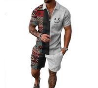 BIRW Set corto da uomo, 2 pezzi, polo alla moda, estiva, casual, a maniche corte e pantaloncini, per uomo, Vintage Pattern Mix Mezzo Bianco, 5X-Large