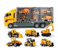 Camion Bisarca con 6 Veicoli Lavoro Giocattolo Bambini con Muletto Gru Bulldozer