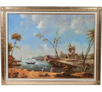 Biscottini Dipinto a mano olio su tela con cornice in legno finitura foglia oro 140x3x110 cm