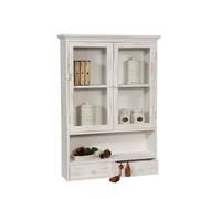 Biscottini Mobiletto bagno sospeso da muro Legno e vetro 55x15x80 cm - Vetrinetta da parete per bagno e cucina - Vetrina bianca porta detersivi salvaspazio - Credenza soggirono
