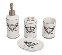 Biscottini Set Accessori Bagno 4 Pezzi in Ceramica | Stile Vintage "Le Bain" | Dispenser Sapone Liquido, Portaspazzolini, Bicchiere, Portasapone | Set bagno decorativo