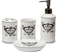 BISCOTTINI Set bagno porta sapone e spazzolini in porcellana 4 pz | Servizio da bagno accessori lavabo | Accessori completo bianco decorato | Dispenser sapone