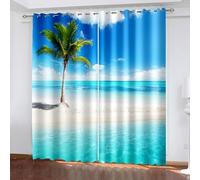 Bishilin Tenda Camera da Letto Finestra, Blu Verde Beige Tende per Finestre Bagno 2 Pezzi Paesaggio di Palme sulla Spiaggia del Mare Poliestere 96W x 183L cm