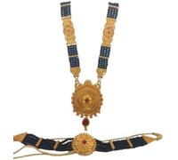 BishtHub Fashion Pahadi - Mangalsutra artificiale placcato oro con perline nere e girocollo per donne e ragazze, 1 set (Mangalsutra + girocollo)