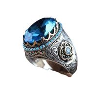 BISONBLUE Anello Anelli Gioielli Donna Uomo Regalo Anello Da Dito Maschile Punk Vintage Ovale Blu Grande Pietra Intagliata Modello Anelli Di Cristallo Verde Per Uomo Donna Festa 6 Acquamarina