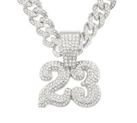 BISONBLUE Collana Pendente Ciondolo Uomo Gioielli Donna Hip Hop Rock Roll Collana con Ciondolo Numero 23 con Diamanti Pieni, personalità Hip Hop da Uomo, Argento, 45 Cm