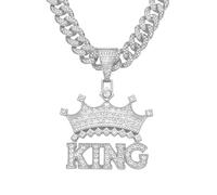 BISONBLUE Collana Pendente Ciondolo Uomo Gioielli Donna Hip Hop Rock Roll Collana Hip Hop King Lettera Corona Ciondolo Collana da Uomo con Pendente da Strada Color Argento 50 Cm