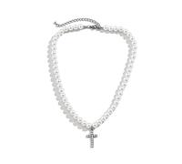 BISONBLUE Collana Uomo Ciondolo Donna Catenella Regalo Punk Vintage Imitazione Perla Strass Croce Gesù Ciondolo Collana Per Uomo Hip Hop Bianco Colore