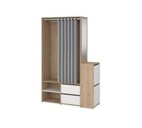 Bissolo Casa Armadio Multifunzionale con Specchio e Tenda, 128x40,5x197,5 cm, Rovere Jackson Hickory e Bianco, 2 Cassetti, Scarpiera Laterale