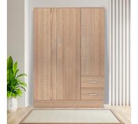 Bissolo Casa Armadio Multiuso in Laminato, Rovere, 120x50x170 cm, 3 Ante e 2 Cassetti, con Tubi Appendiabiti, Kit Smontato