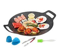 Bistecchiera coreana, teglia rotonda in ghisa, teglia antiaderente, gadget da cucina con spazzola, guanti, pinze per bistecche, frutti di mare, verdure, pancake
