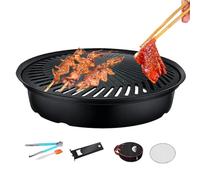 Bistecchiera rotonda portatile per barbecue, piastra di cottura antiaderente con pinze in metallo incluse e comoda borsa portaoggetti, accessori per grigliare per interni ed esterni