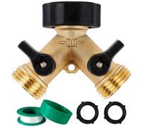 Biswing Splitter per tubo da giardino a 2 vie, connettore in ottone resistente, splitter a Y, 2 valvole con 2 rondelle in gomma extra