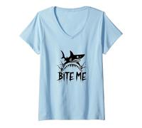 Bite Me: Attacco di squalo feroce per Gli Appassionati dell'Oceano Maglietta con Collo a V, Donna, Celeste, S
