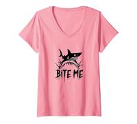 Bite Me: Attacco di squalo feroce per Gli Appassionati dell'Oceano Maglietta con Collo a V, Donna, Rosa, S