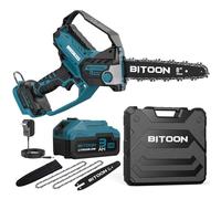 BITOON Mini motosega da 20,3 cm con batteria da 3,0 Ah e caricatore, auto-oliatore, senza spazzole senza fili, 2 in 1, motosega elettrica portatile per tagliare legna da ardere, rami blu