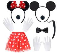 BITOWO Costume da topo per donna adulta con orecchie da Mini Mouse, cerchietto, gonna rossa, naso, guanti, coda, fiocco, costume Mini Mouse da donna, costume da topolina per donna adulta, carnevale