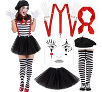 BITOWO Pantomime Costume da donna, set di accessori con gonna in tulle, bretelle, berretto basco, guanti, calze, tatuaggio facciale, carnevale, costume da clown, da donna, da uomo e da donna