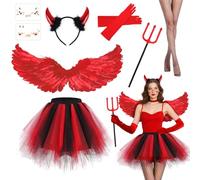 BITOYO Costume Angelo Halloween Costume Donna con Ali Rosse Corna Forcone Diavolo Guanti Calze a Rete e Gonna Tutù, Ali Angelo Rosse Costume Diavolo per Adulto Bambino Feste di Halloween Carnevale