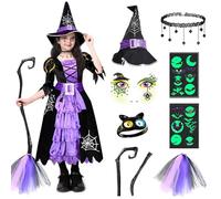 BITOYO Costume da Bambine, 7 pezzi Costume da Strega per Bambini, Vestito da Strega Halloween con Cappello Collana e scopa da Accessori per Bambine festa Carnevale Halloween Cosplay (Violetta, M)