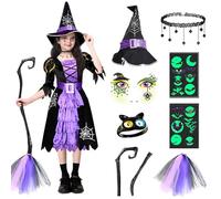 BITOYO Costume da Bambine, 7 pezzi Costume da Strega per Bambini, Vestito da Strega Halloween con Cappello Collana e scopa da Accessori per Bambine festa Carnevale Halloween Cosplay (Violetta, XL)