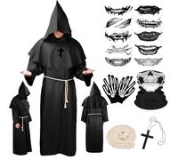BITOYO Costume da Monaco Sacerdote, Costume da Prete e da Frate Medievale, Abito da Monaco Con Cappuccio, Abito da Sacerdote Rinascimentale Per Halloween, Carnevale, Feste Mascherate (Nero, XL)