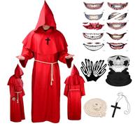 BITOYO Costume da Monaco Sacerdote, Costume da Prete e da Frate Medievale, Abito da Monaco Con Cappuccio, Abito da Sacerdote Rinascimentale Per Halloween, Carnevale, Feste Mascherate (Rosso, XL)