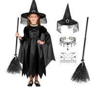 BITOYO Costume da Strega Bambini, Vestito Halloween Bambine, Vestito da Streg con Cappello da Strega Collana bacchetta magica Costumi per Bambine Halloween Carnevale Cosplay festa 140cm