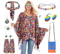 BITOYO Costume Hippie Donna, 9 Pezzi Costume Carnevale Donna con Mantello Hippie, Fascia Capelli Fiori, Borsa Tracolla Colorata, Occhiali Sole, Costume Hippie Anni 70 per Feste Carnevale e Cosplay