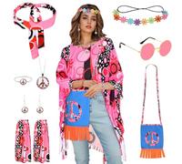BITOYO Costume Hippie Donna, 9 Pezzi Costume Carnevale Donna con Mantello Hippie, Fascia Capelli Fiori, Borsa Tracolla Colorata, Occhiali Sole, Costume Hippie Anni 70 per Feste Carnevale e Cosplay