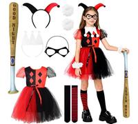 BITOYO Quinn Costume da Bambini, Carnevale Costume Cosplay fur Kinder, Calze Bastone Gonfiabile Fascia per Capelli Vestito Cosplay Costumi per Halloween Carnevale Feste (Rosso Nero, M)