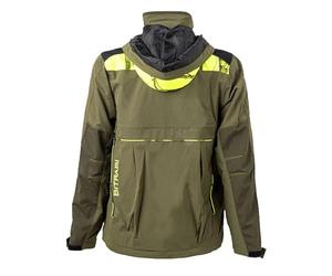 BITRABI Giacca da Caccia Jaguar, Verde Militare con Dettagli Giallo Fluo, Tessuto Impermeabile, con Cappuccio Staccabile e Tasche Multiple (XL)