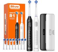 Bitvae Spazzolino elettrico rotante, 2 confezioni per adulti e bambini, 8 testine con durata della batteria di 60 giorni, 5 modalità di alimentazione con timer intelligente da 2 minuti, bianco e nero,