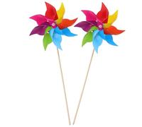 BIUDECO Mulino a Vento per Giardino Arcobaleno 2 Pezzi Girandole Colorate da Esterno in PVC e Legno 19 CM Decorazioni per Prato Balcone e Bomboniere