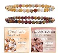 Bivei 2 Pezzi 4mm Bracciale Donna - Giada Corallo, Picasso Jasper - Bracciali con Elastico con Pietre Naturali, Gioielli con Perline Fatto a Mano per Yoga, Meditazione, Protezione e Regalo
