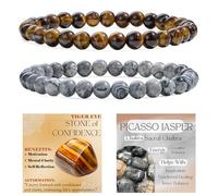 Bivei 2 Pezzi 6mm Bracciale Donna - Occhio di Tigre, Picasso Jasper - Bracciali con Elastico con Pietre Naturali, Gioielli con Perline Fatto a Mano per Yoga, Meditazione, Protezione e Regalo