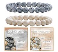 Bivei 2 Pezzi 8mm Bracciale Donna - Picasso Jasper, Giada Fossile Bianca - Bracciali con Elastico con Pietre Naturali, Gioielli con Perline Fatto a Mano per Yoga, Meditazione, Protezione e Regalo